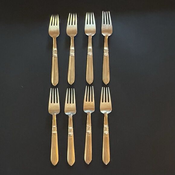 Set Of 8 Vintage Brass Dinner Forks Thailand Buddha Deity Pattern Heavy Flatware - Picture 4 of 7